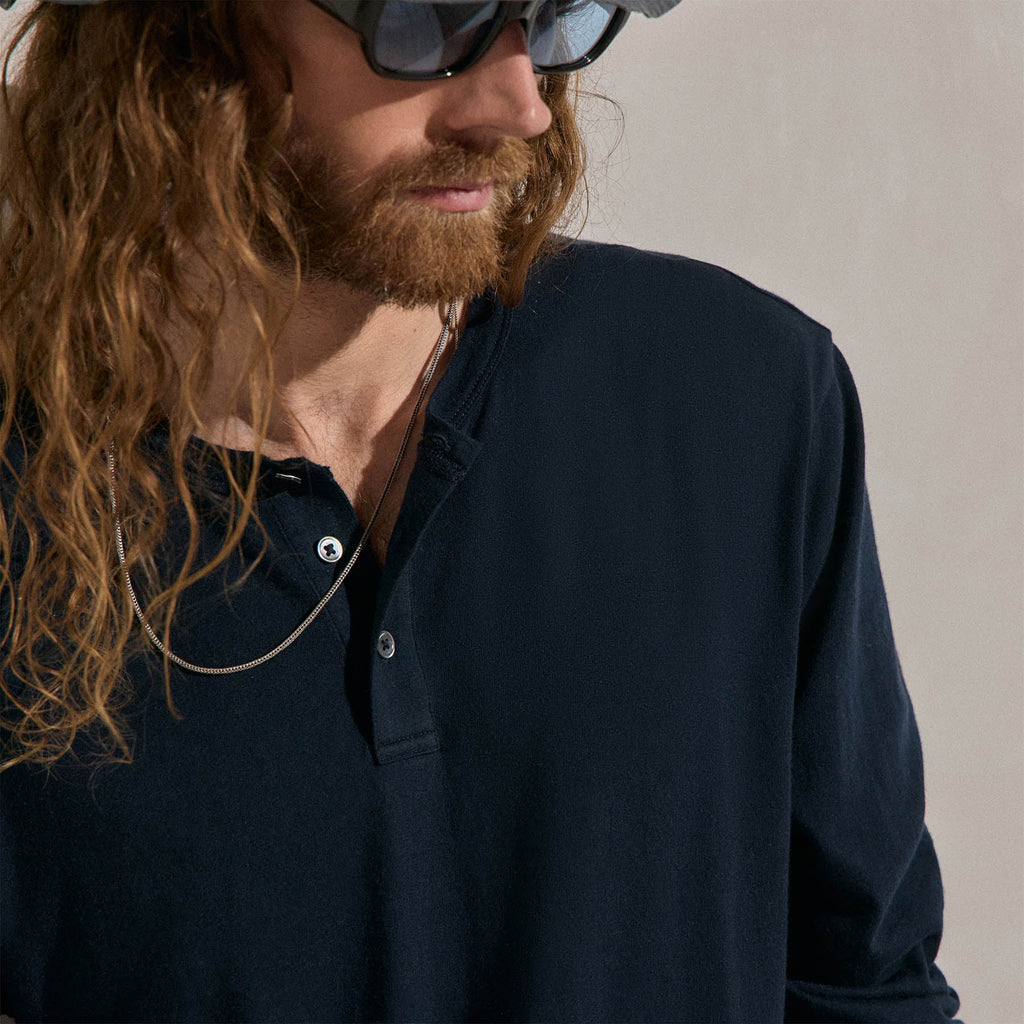 Cotton Cashmere Long Sleeve Henley - Blue Noir