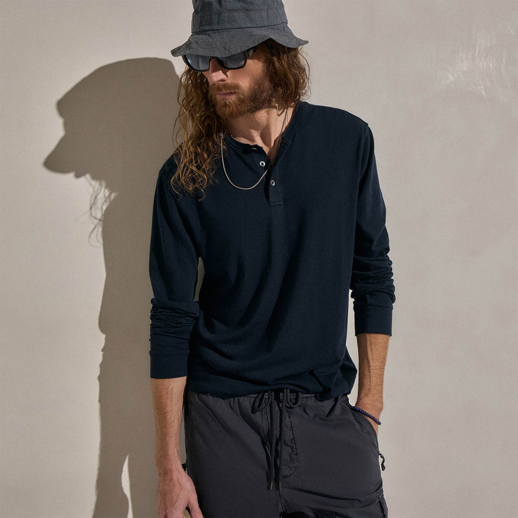 Cotton Cashmere Long Sleeve Henley - Blue Noir