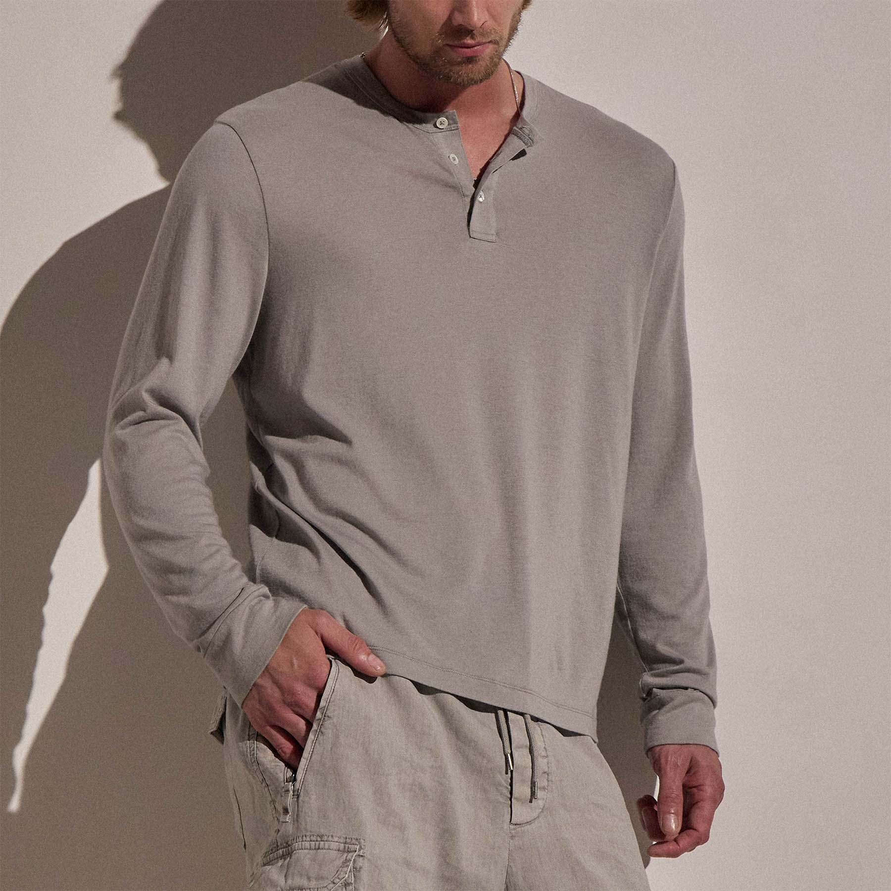 Cotton Cashmere Long Sleeve Henley - Fog