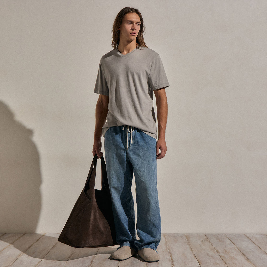 Coton cachemire col V manches courtes - Brume