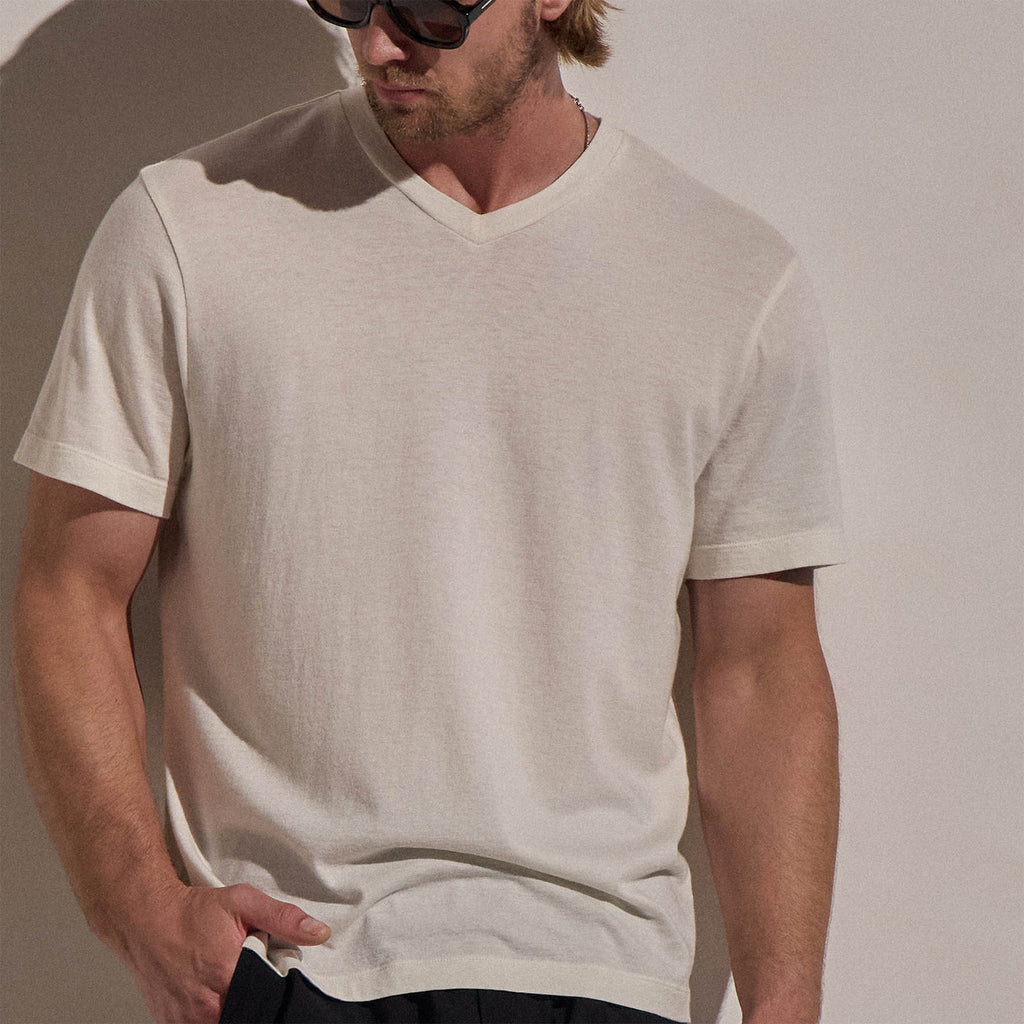 T-shirt col V en cachemire de coton à manches courtes - Blanc