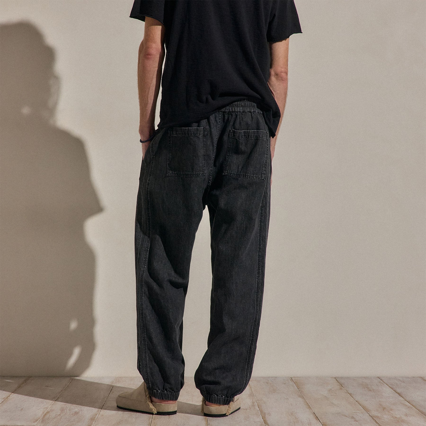 Jogger en lin denim à cordon de serrage - Délavé noir