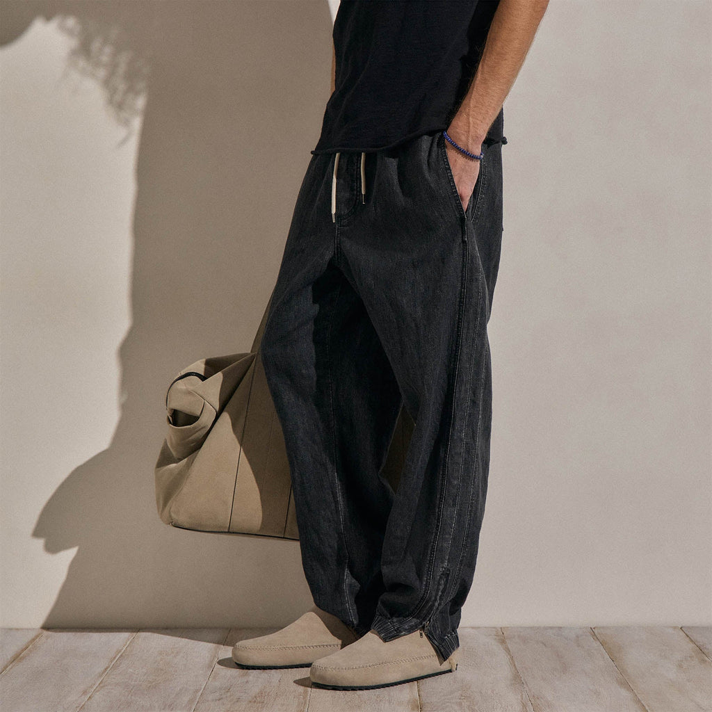 Jogger en lin denim à cordon de serrage - Délavé noir