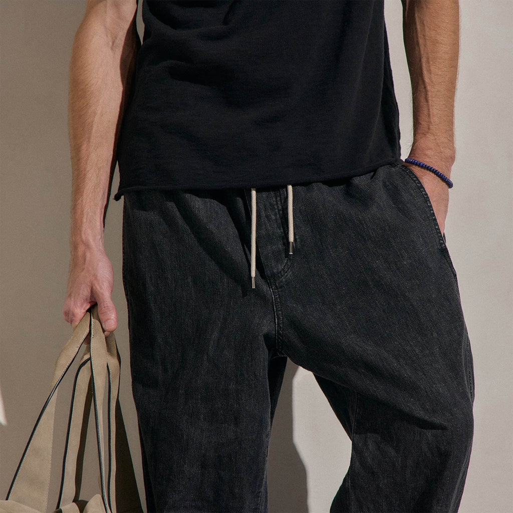 Jogger en lin denim à cordon de serrage - Délavé noir