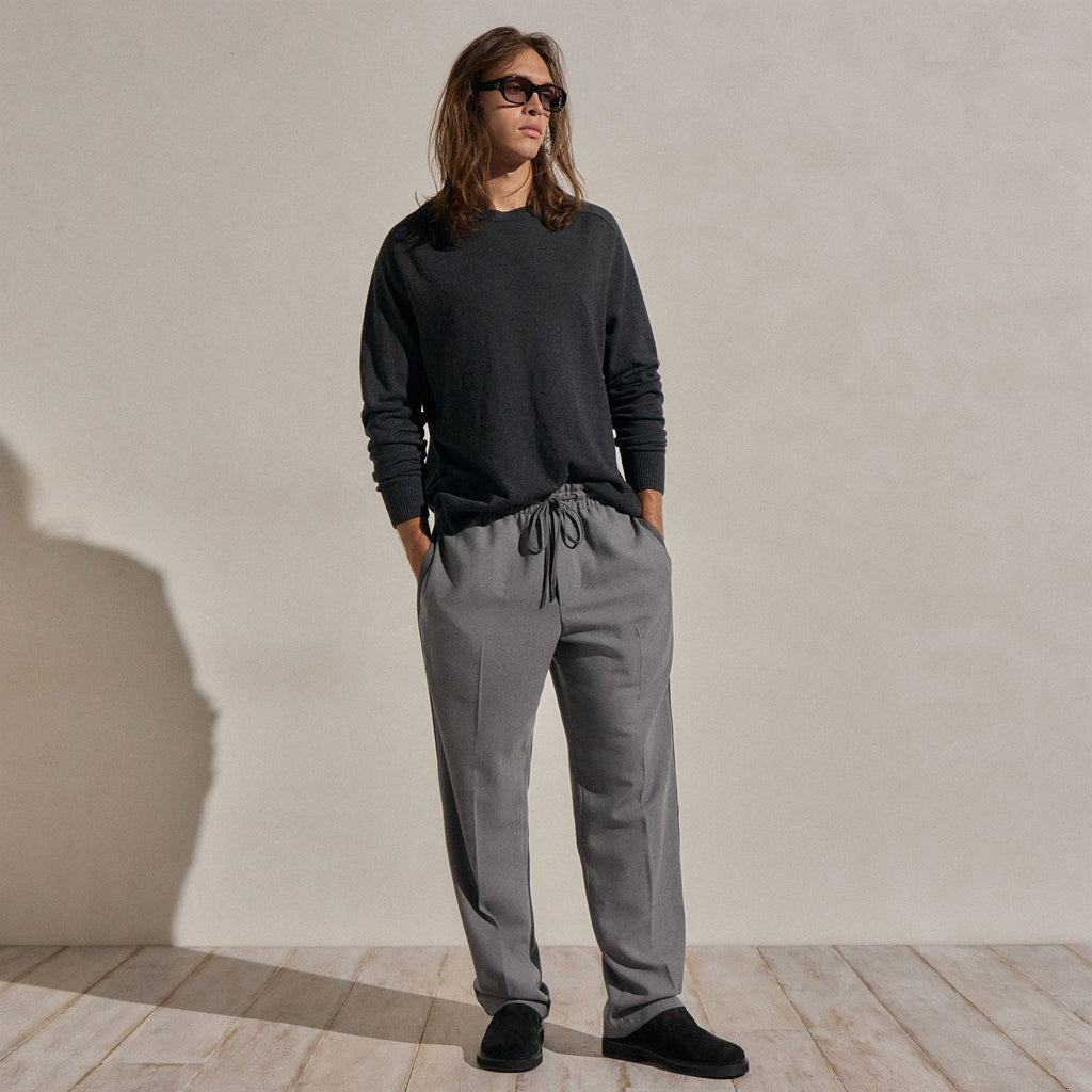 Pantalon à cordon en laine avec empiècements en daim - Gris chiné
