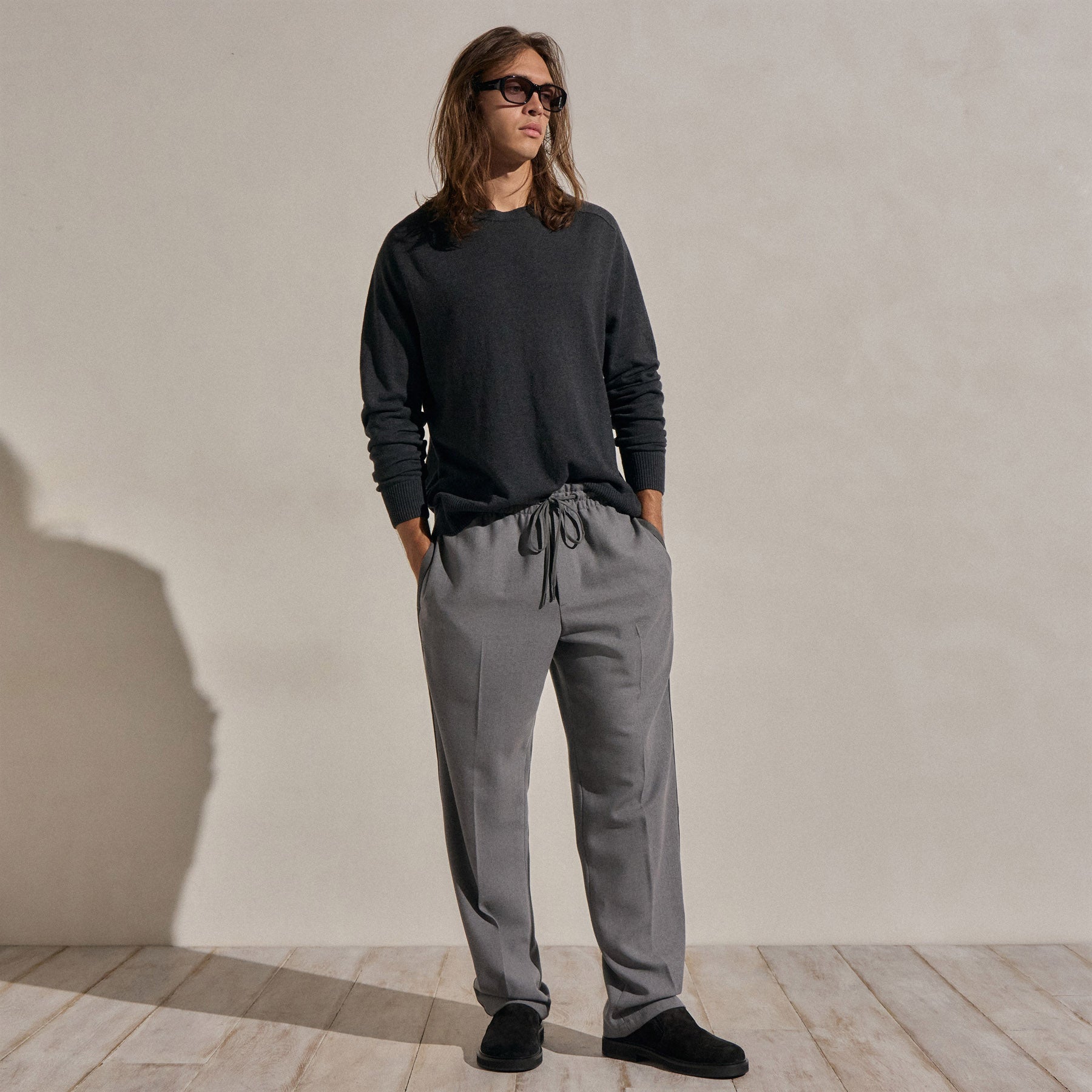Pantalon à cordon en laine avec empiècements en daim - Gris chiné