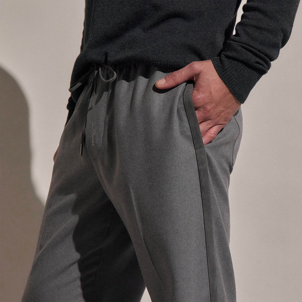 Pantalon à cordon en laine avec empiècements en daim - Gris chiné