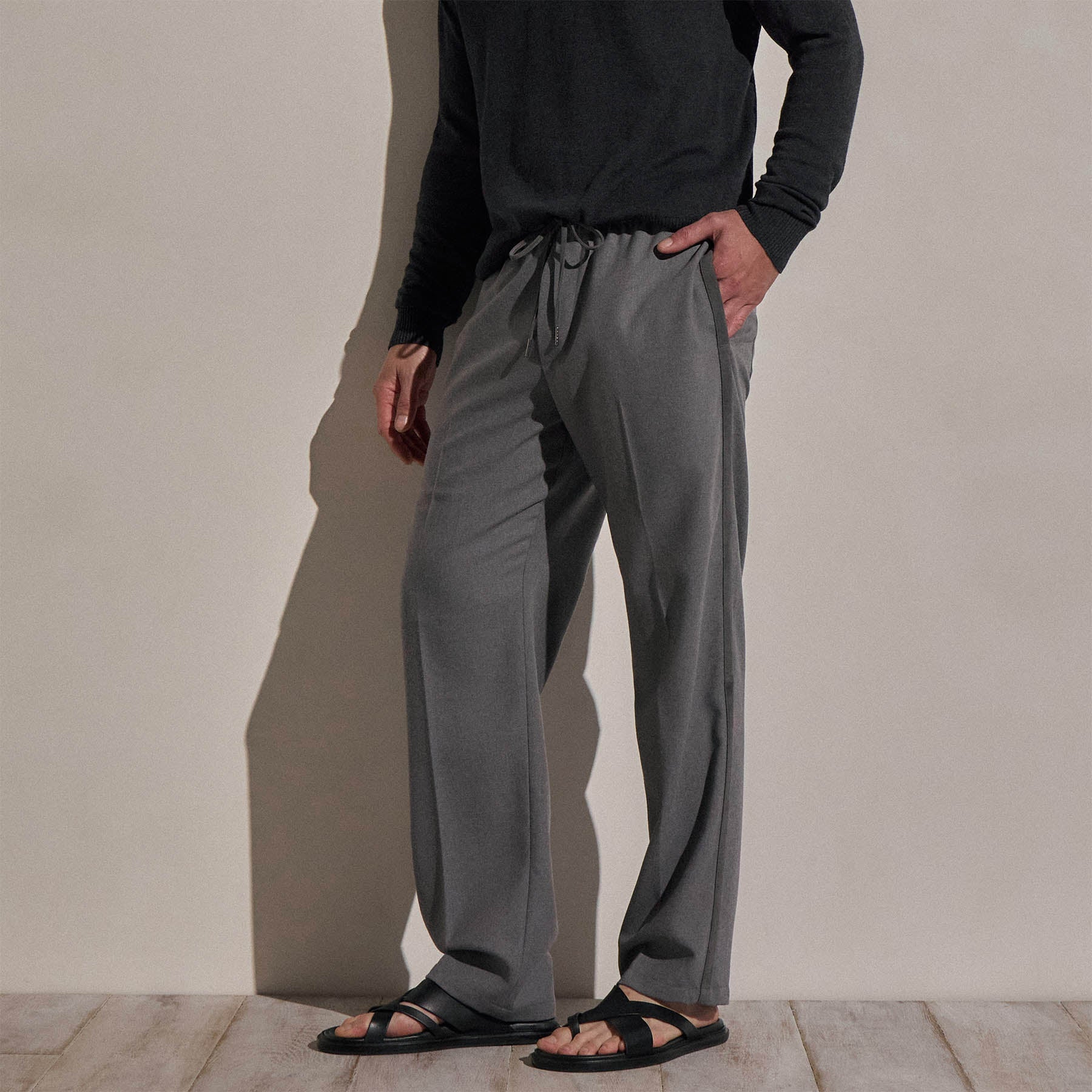 Pantalon à cordon en laine avec empiècements en daim - Gris chiné