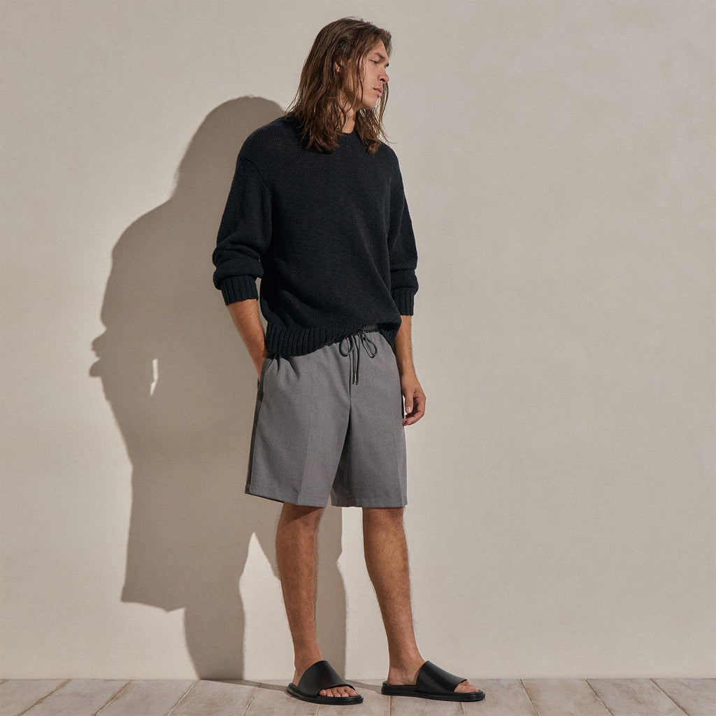 Short en laine à cordon et bordure en daim - Gris chiné