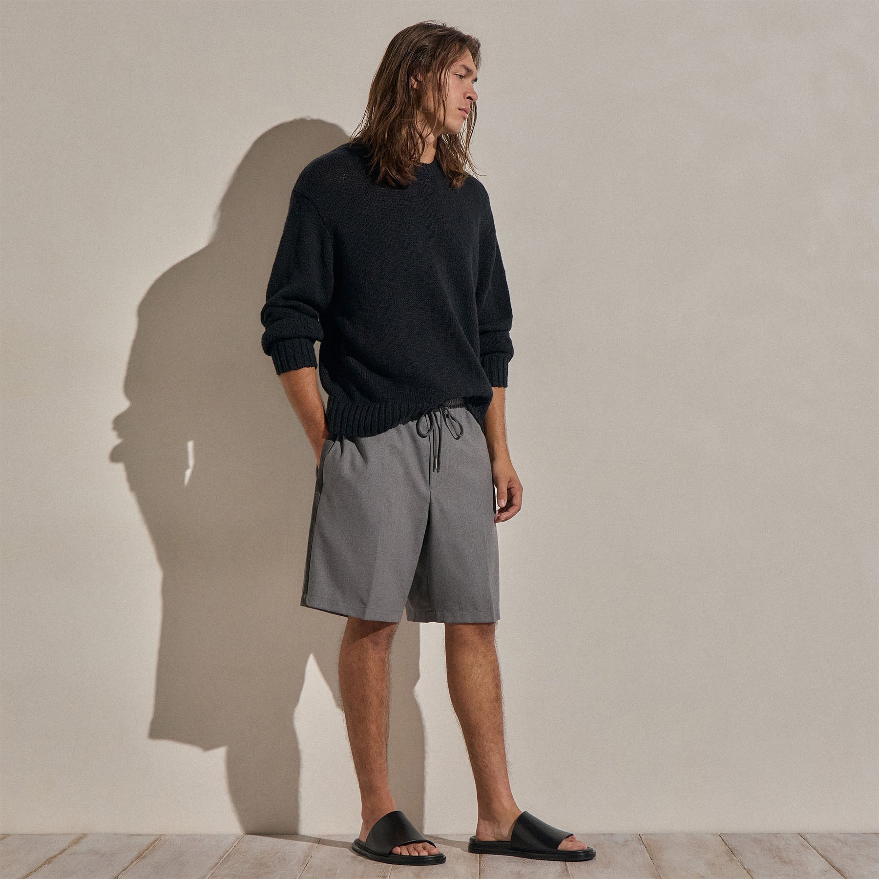 Suede Trim Wool Drawstring Short - Heather Grey