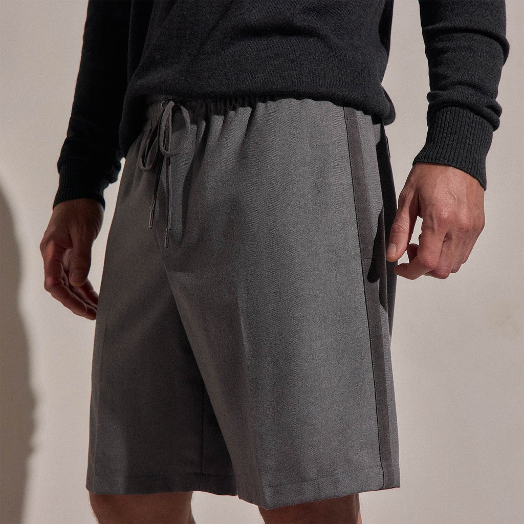 Short en laine à cordon et bordure en daim - Gris chiné