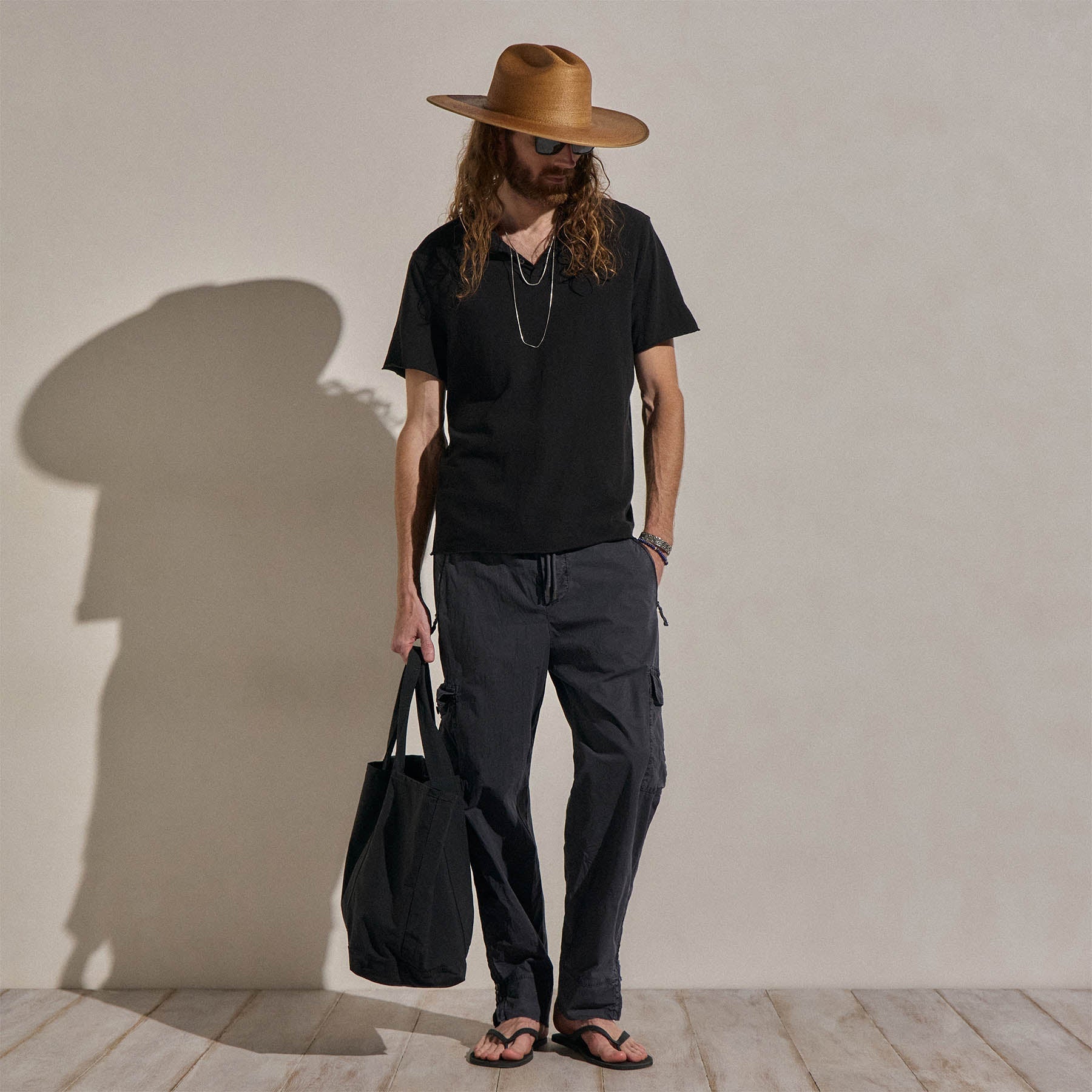 T-shirt henley à manches courtes en jersey flammé - Noir