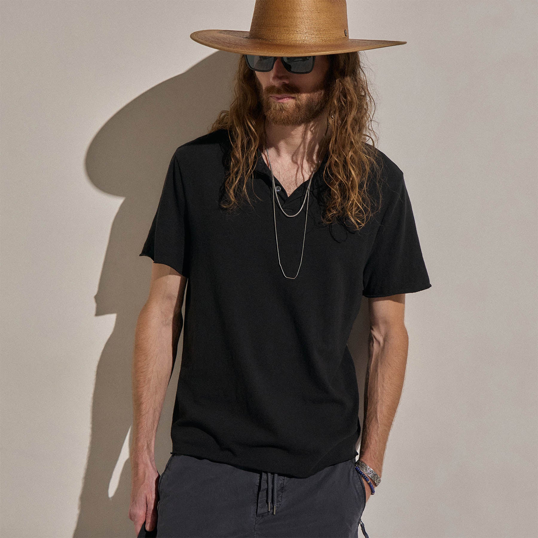 T-shirt henley à manches courtes en jersey flammé - Noir