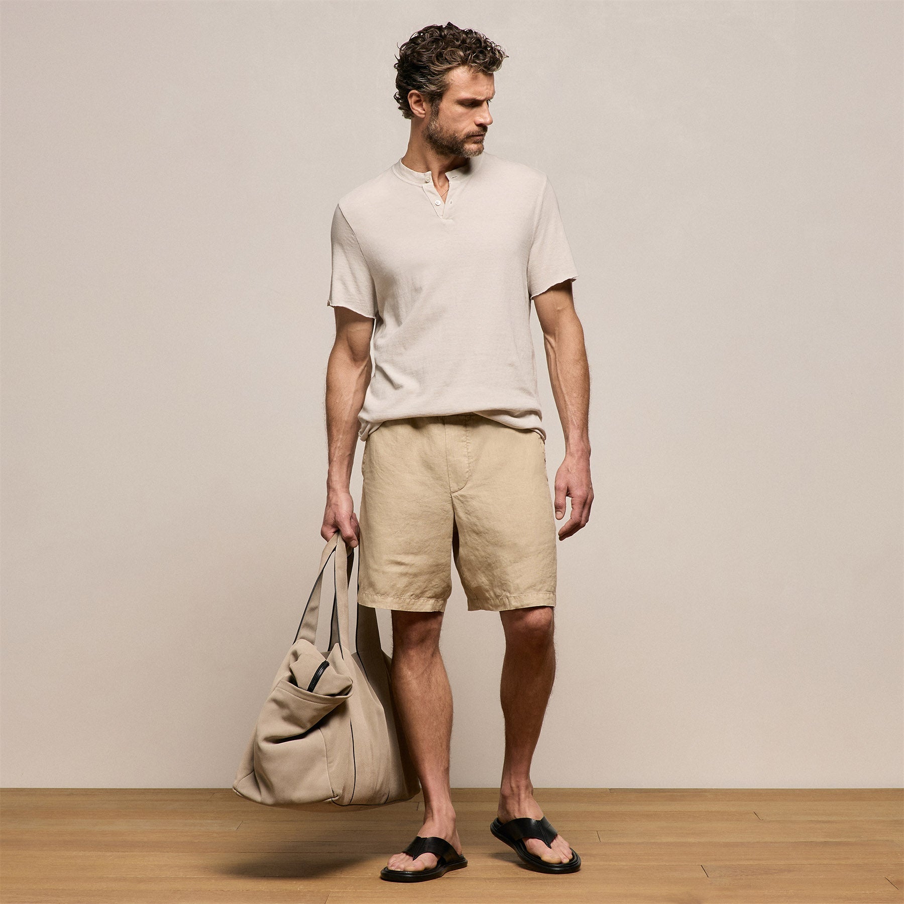 Men's Calf Leather Thong Sandal - Black