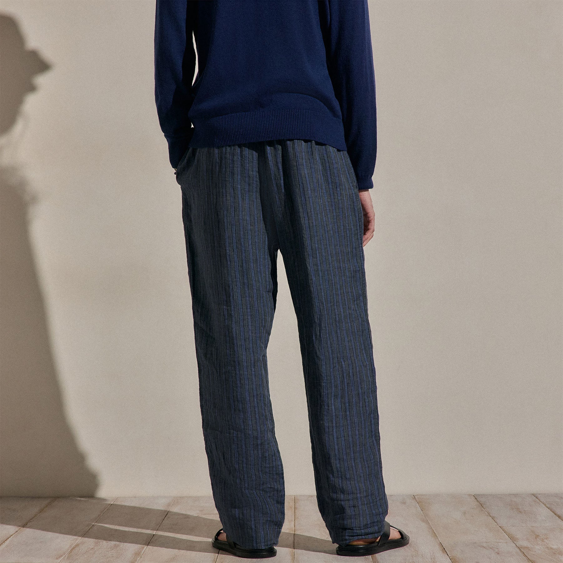 Pantalon décontracté en lin rayé délavé - Rayures bleues
