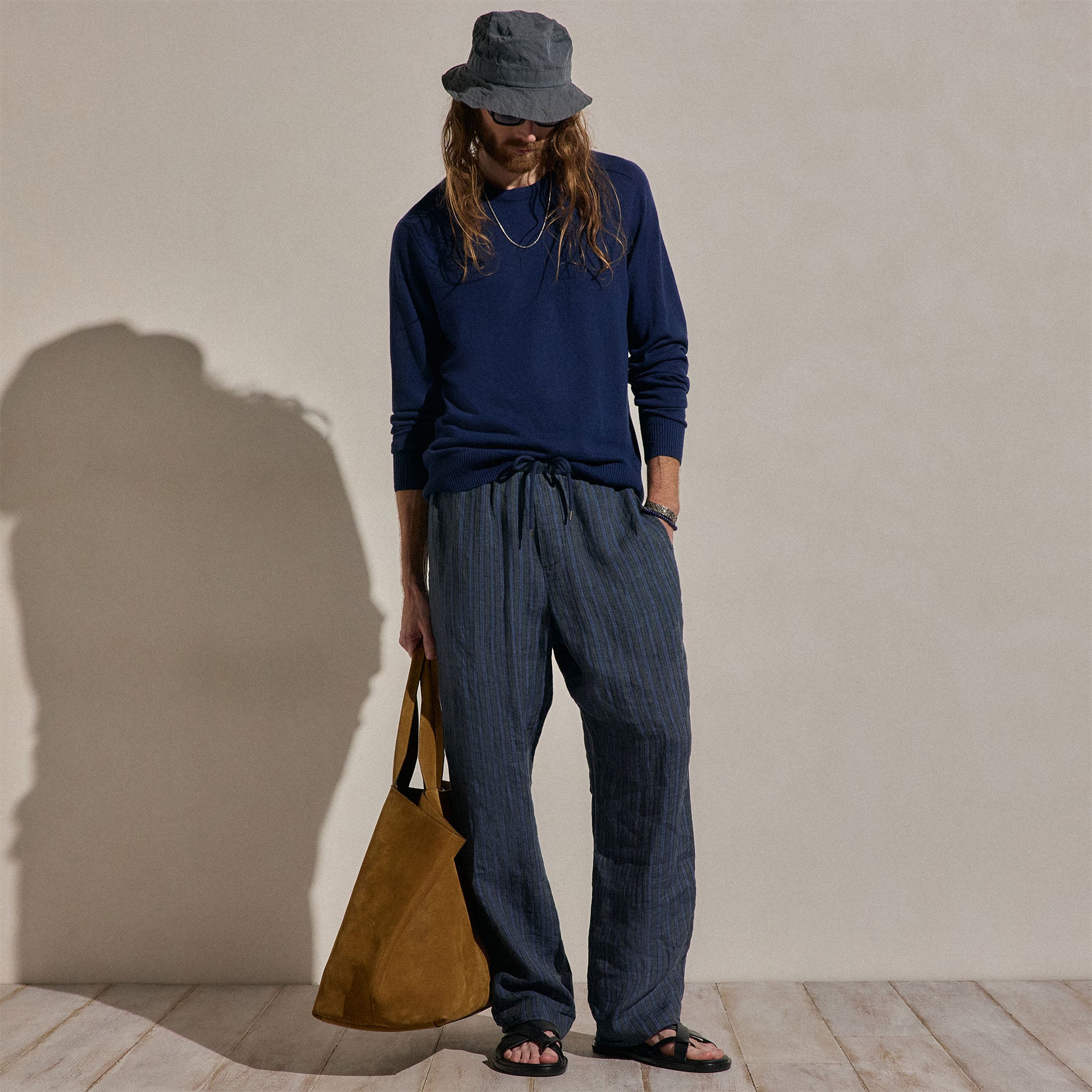 Pantalon décontracté en lin rayé délavé - Rayures bleues