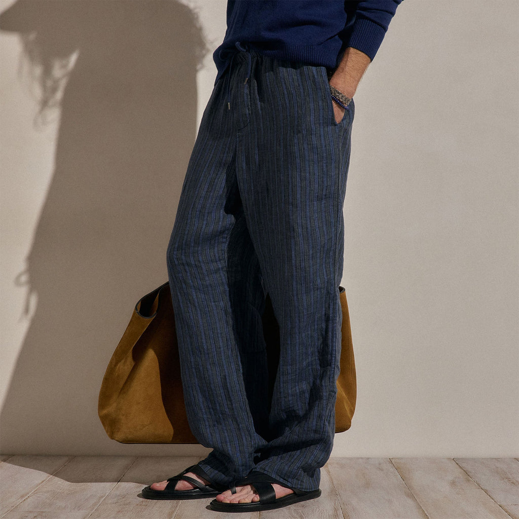 Pantalon décontracté en lin rayé délavé - Rayures bleues