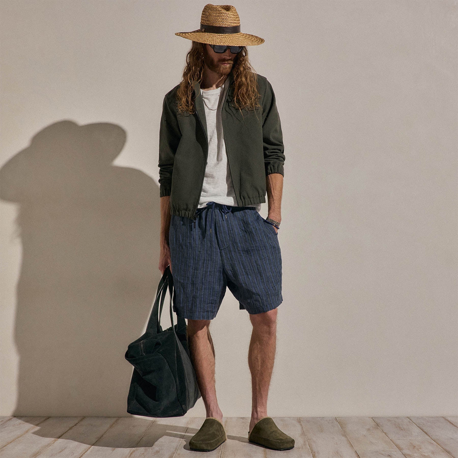 Washed Stripe Linen Relaxed Short - Blue Stripe