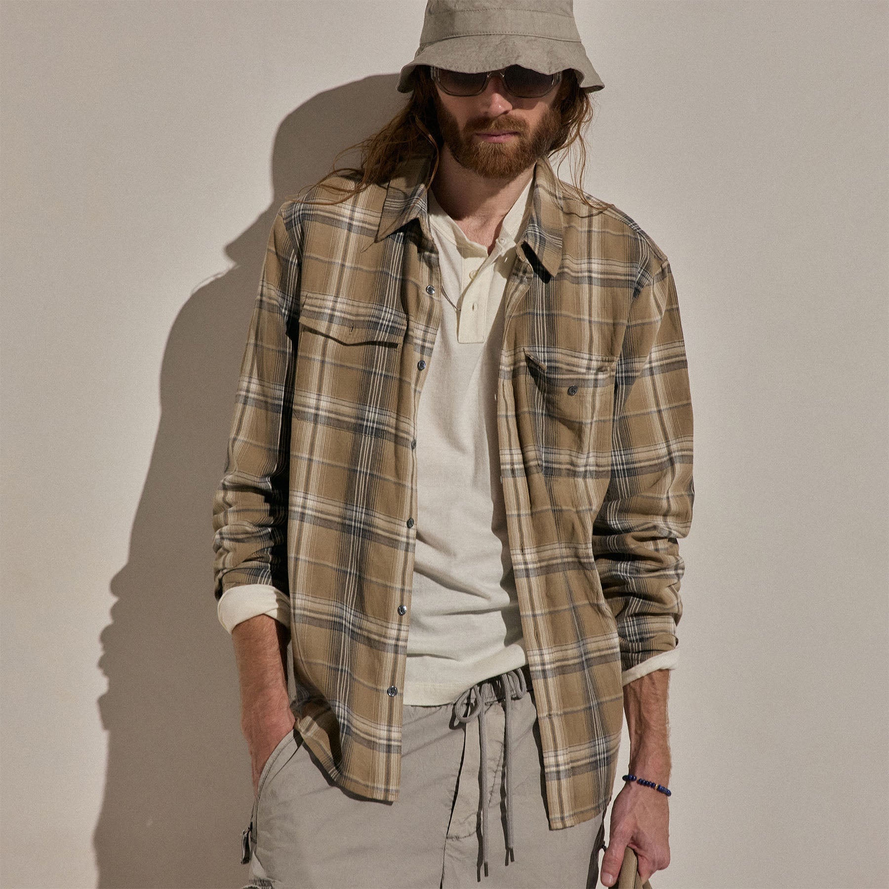 Plaid Cotton Shirt - Tan/Black Plaid