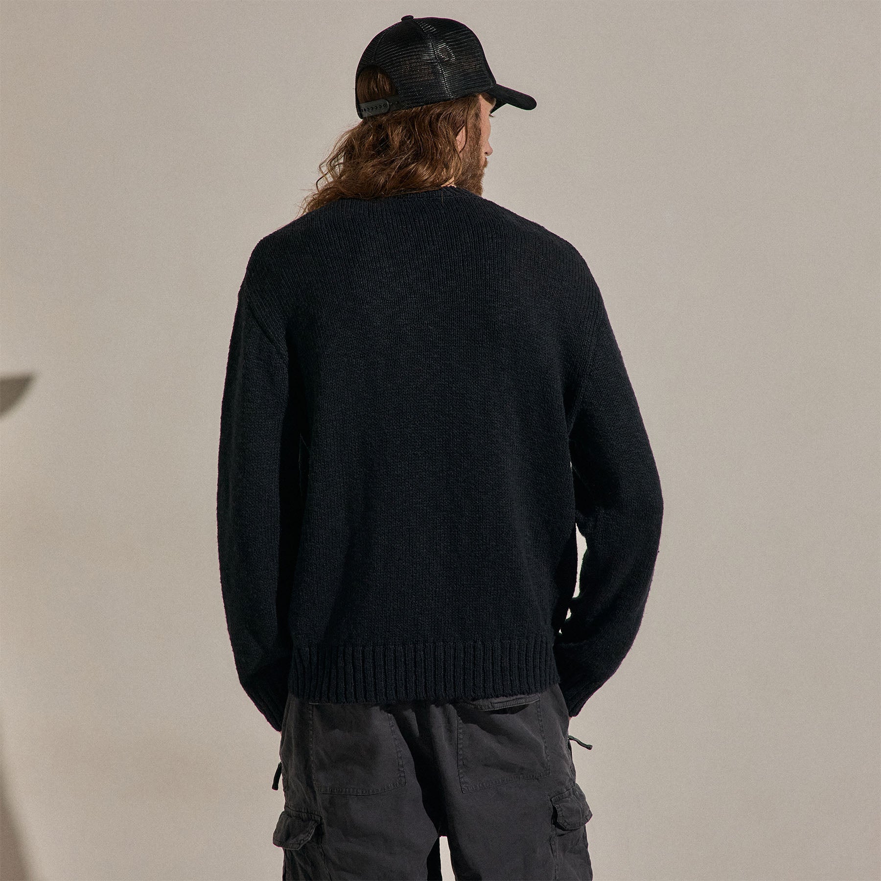 Pull col rond en coton et lin - Noir