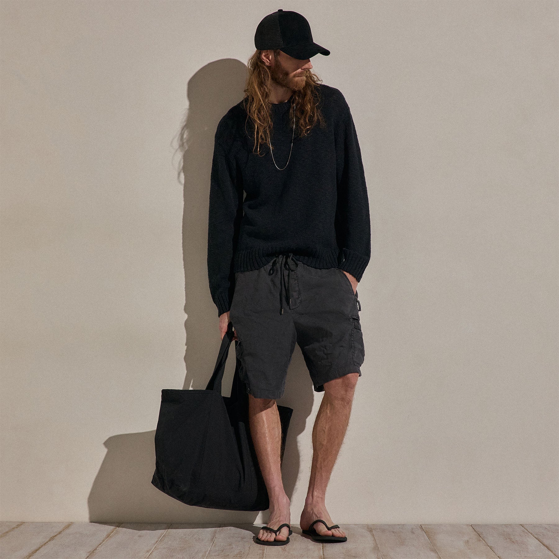 Pull col rond en coton et lin - Noir