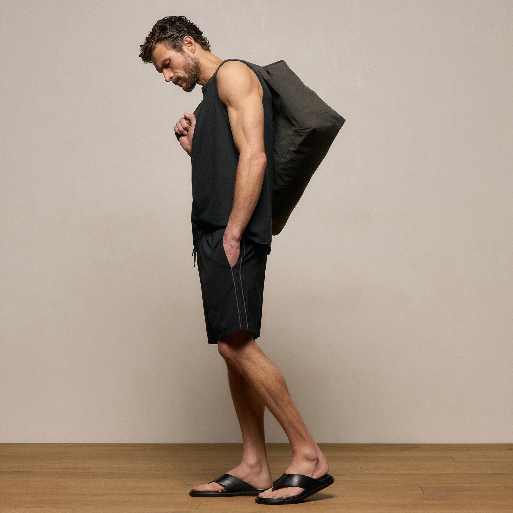 Men's Calf Leather Thong Sandal - Black