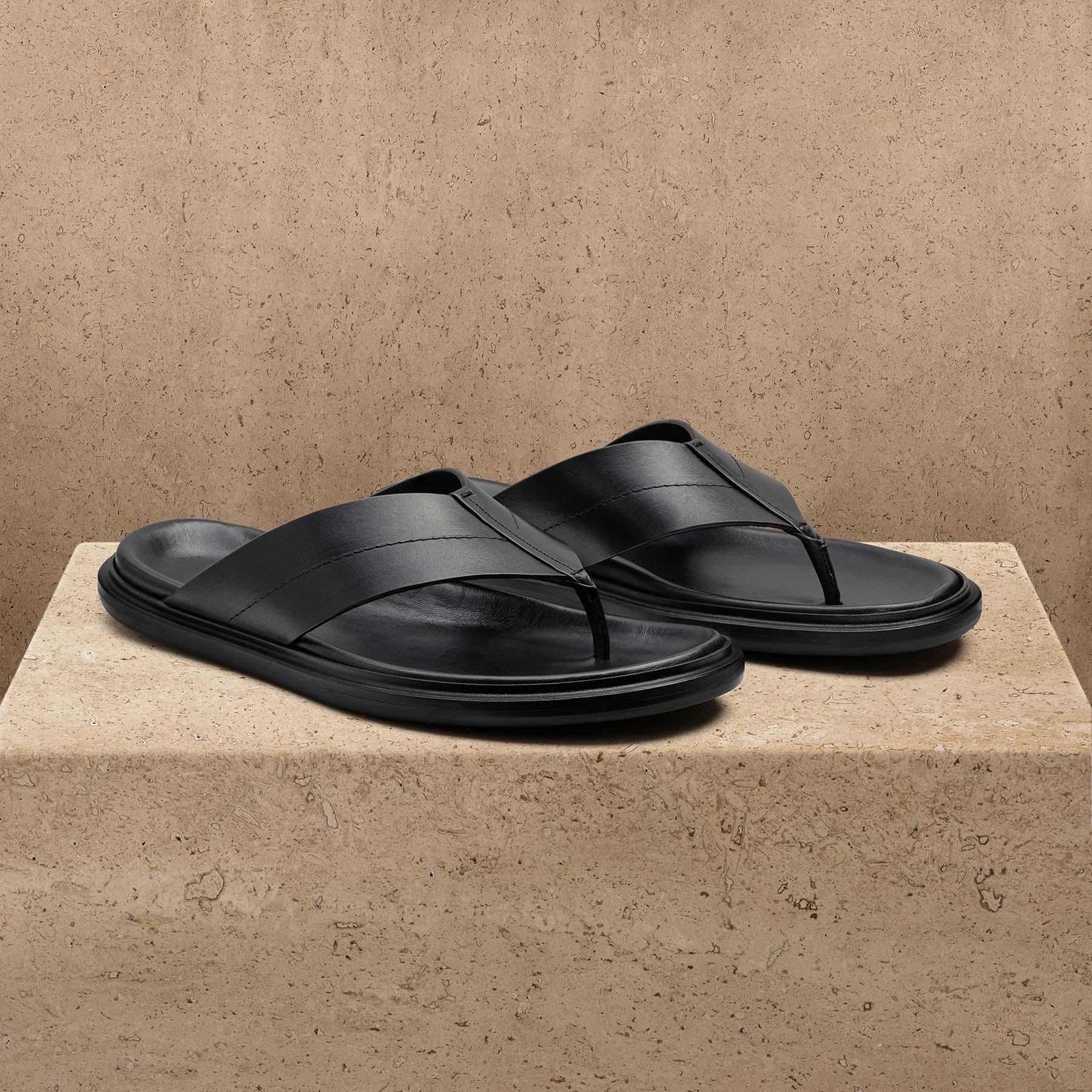 Men's Calf Leather Thong Sandal - Black